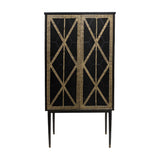 Libra Interiors Fretwork two-door drinks cabinet in black-washed mango wood with gilded dark bronze geometric iron fretwork doors and tapered legs.