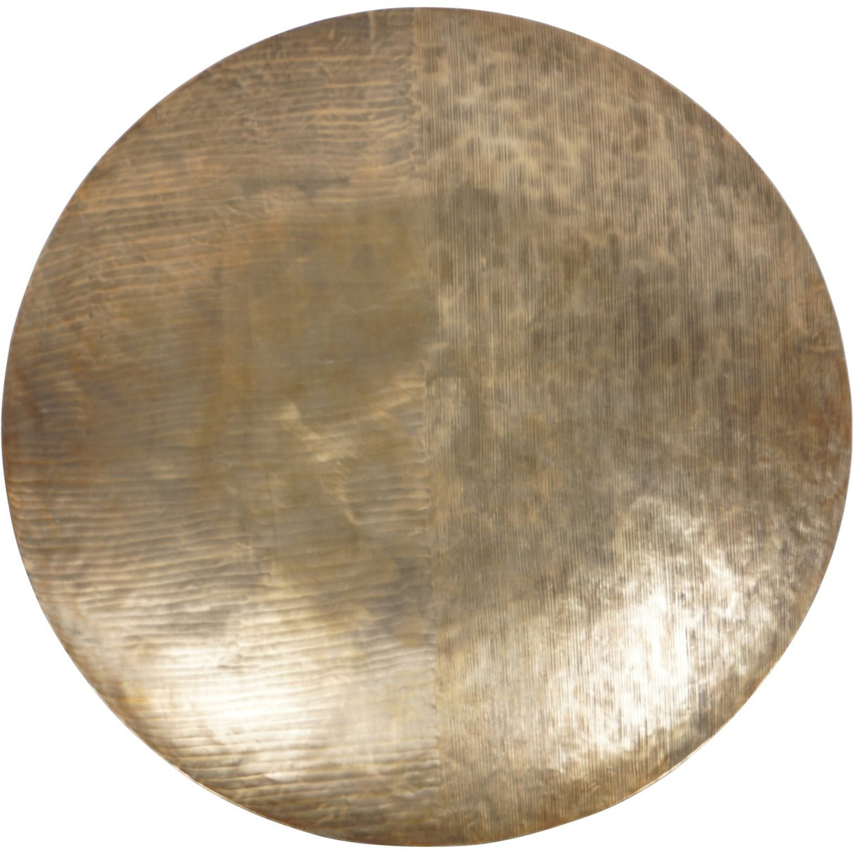 Libra Interiors Round Textured Aluminium Wall Art in antique brass, a large concave disc with hand-applied rippled lines catching warm and shadowed tones.