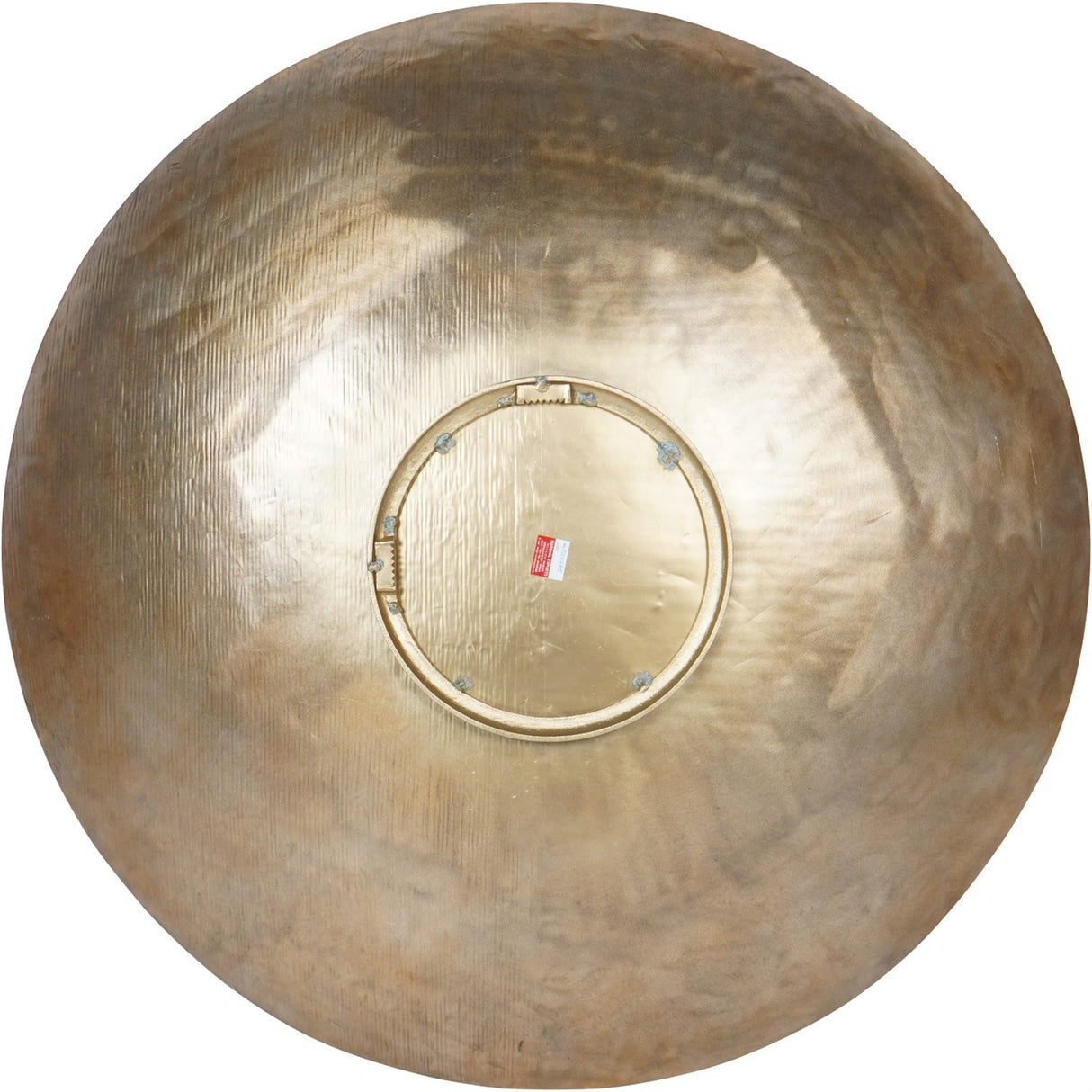 Rear view of Libra Interiors Round Textured Aluminium Wall Art in antique brass, showing the central mounting ring and hanging bracket on the concave back.