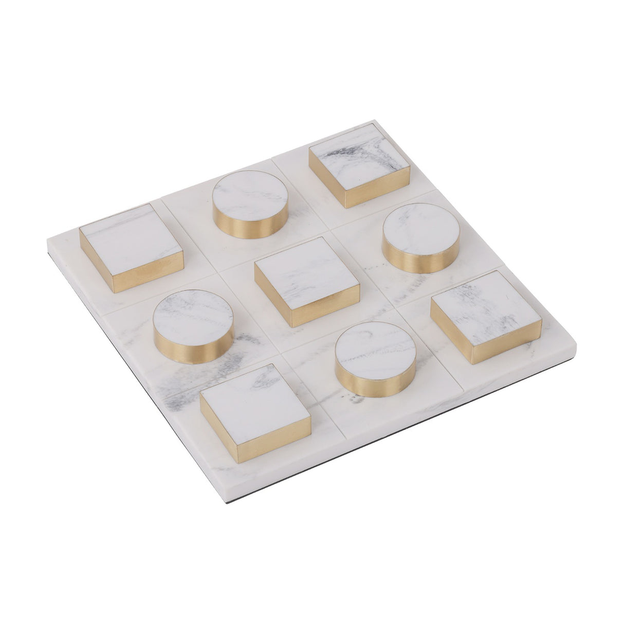 Libra Interiors Marble Effect White and Brass Noughts and Crosses Game with square board and ten brass-edged circular and square playing pieces.