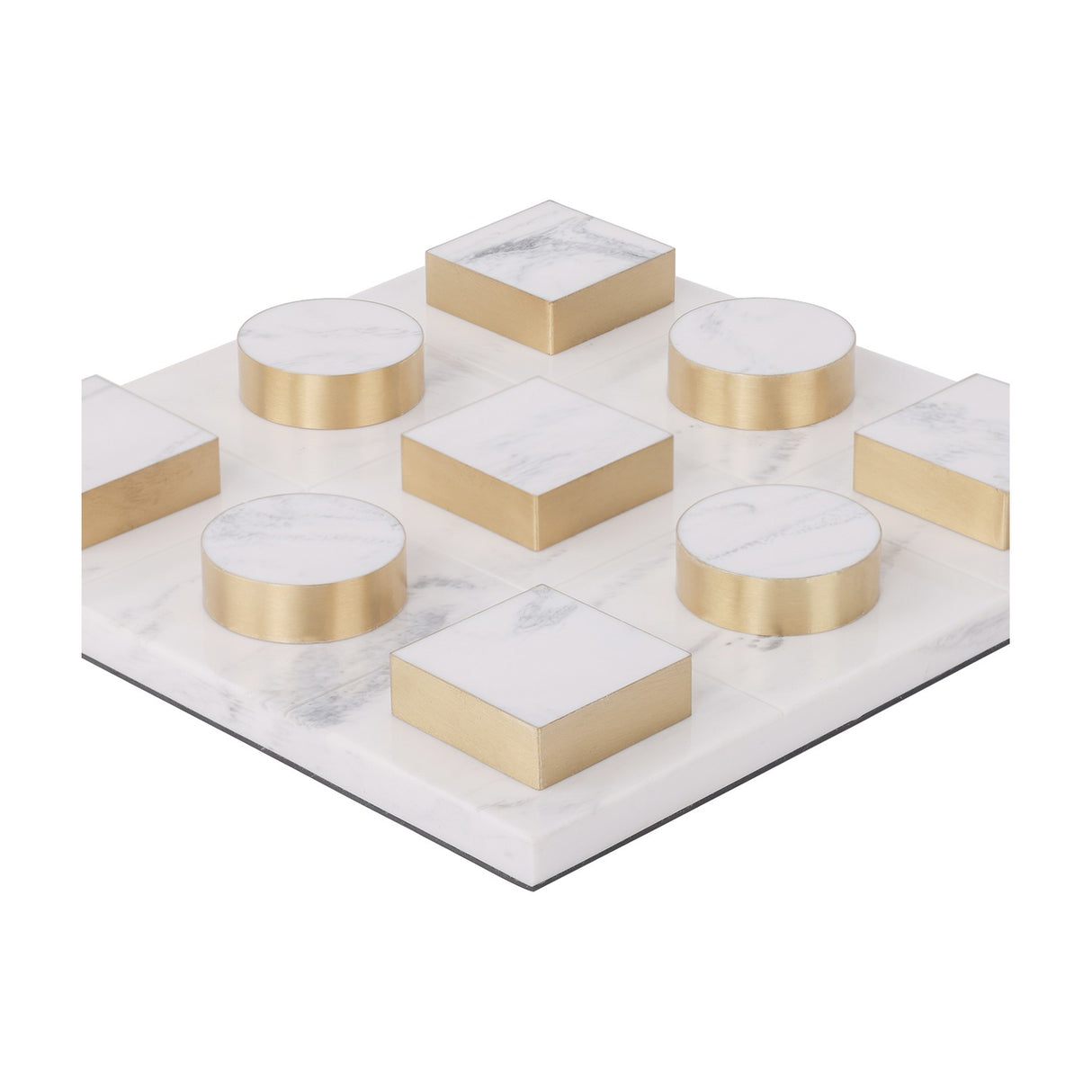 Libra Interiors Marble Effect White and Brass Noughts and Crosses Game with square marble-look board, circular counters and square blocks edged in brass tone.