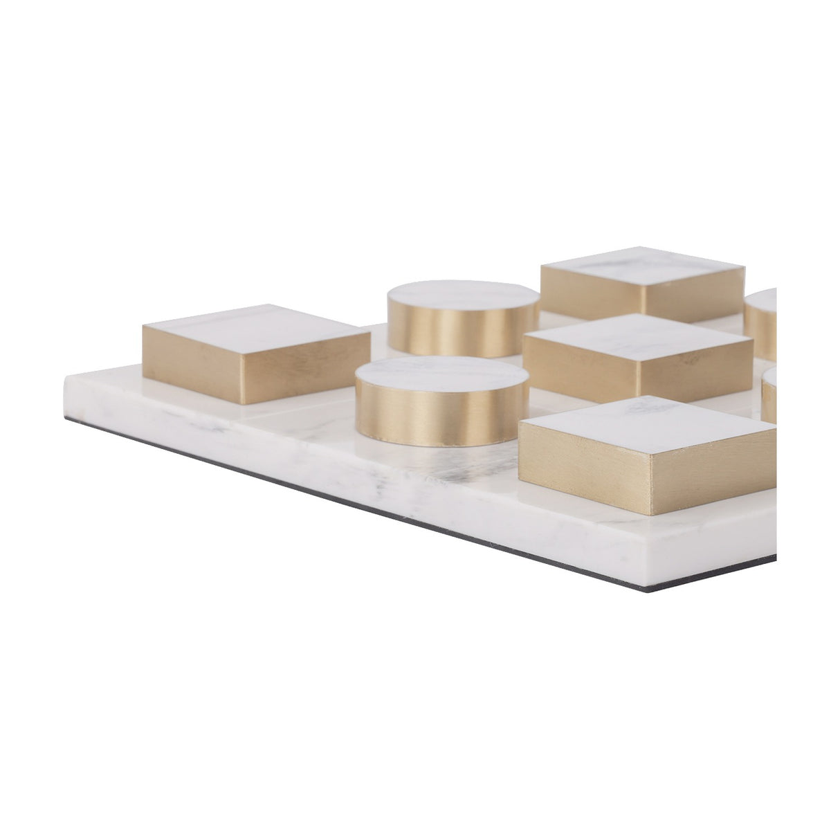 Libra Interiors marble effect white and brass noughts and crosses game with circular counters and square blocks edged in brass on a marble resin board.