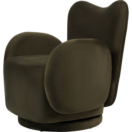 Libra Interiors Bingham velvet swivel accent armchair in green with curved high back, rounded padded arms and low swivel plinth, on a plain background.
