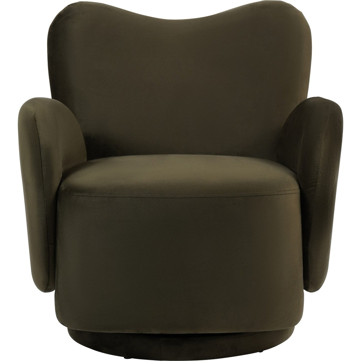 Libra Interiors Bingham velvet swivel accent armchair in green with curved wingback, padded wrap-around arms and low rotating plinth, on a white background.