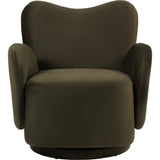 Libra Interiors Bingham velvet swivel accent armchair in green with curved wingback, padded wrap-around arms and low rotating plinth, on a white background.