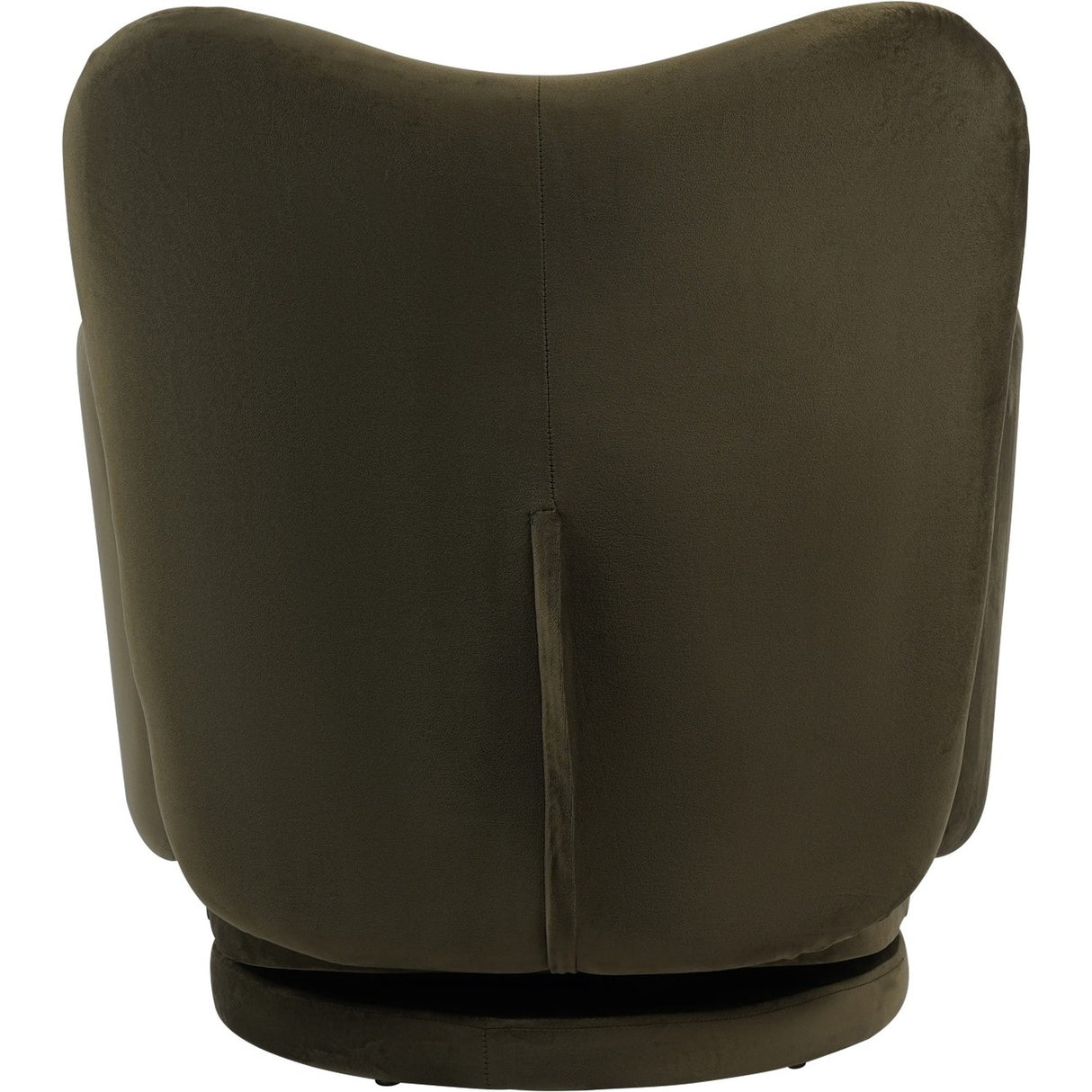Rear view of the Libra Interiors Bingham green velvet swivel accent armchair, showing its curved padded back, central seam and low rotating plinth base.