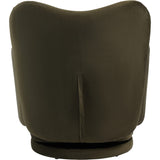 Rear view of the Libra Interiors Bingham green velvet swivel accent armchair, showing its curved padded back, central seam and low rotating plinth base.