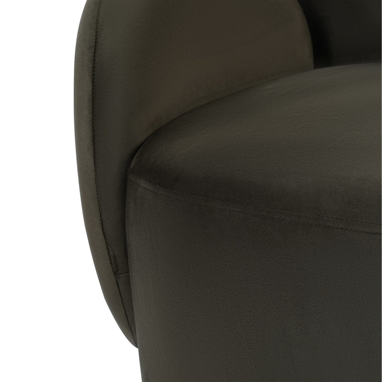 Close-up of the Libra Interiors Bingham velvet swivel accent armchair in green, showing the curved padded back, rounded arm and cushioned seat.