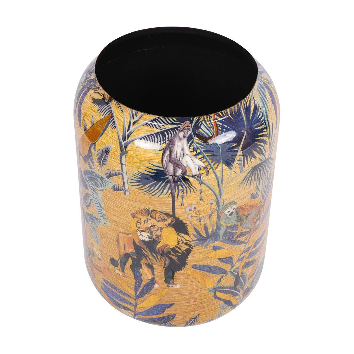 Libra Interiors Painted Iron Jungle Planter in gold, tall cylindrical shape with lion, monkey and tropical foliage design and black interior.