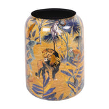 Libra Interiors Painted Iron Jungle Planter in gold with a wraparound lion, monkey and tropical foliage design in blue and yellow, black interior.