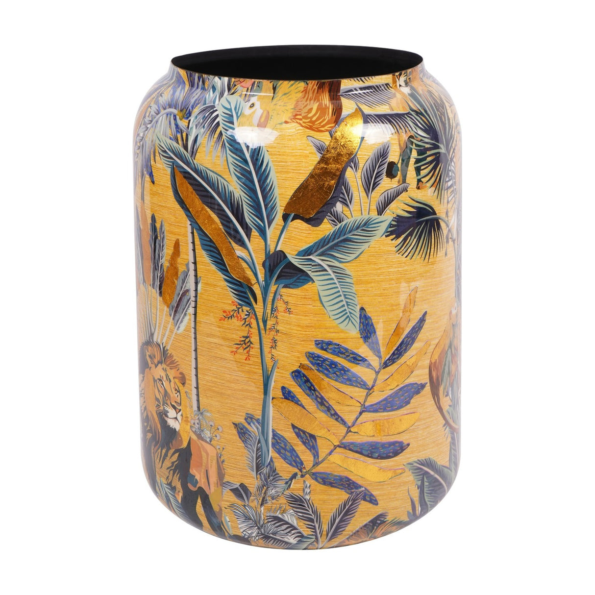 Libra Interiors Painted Iron Jungle Planter in gold with blue tropical foliage, lion and monkey motifs, black interior, on a plain background.