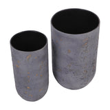 Libra Interiors Textured Iron Cylinder Planters in mottled blue-grey with gold flecks, tall and short pair with matt black interiors on a white background.