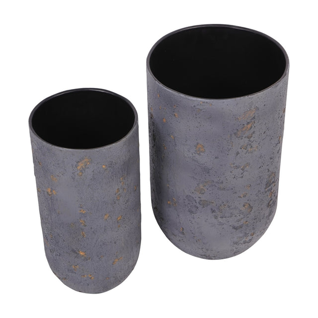 Libra Interiors Textured Iron Cylinder Planters in mottled blue-grey with gold flecks, tall and short pair with matt black interiors on a white background.