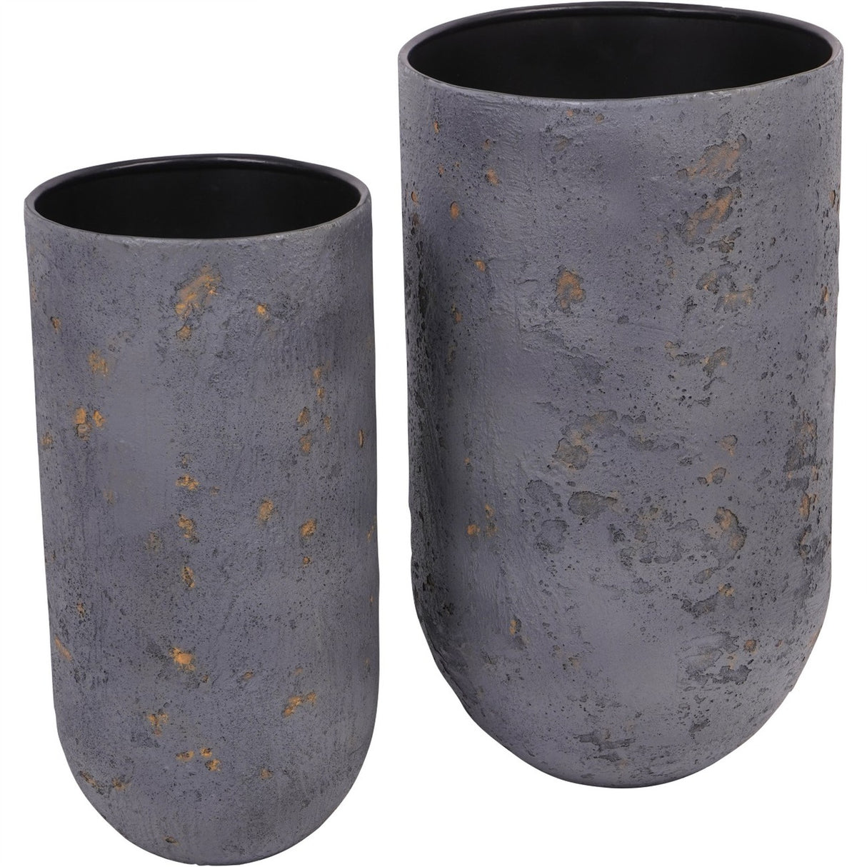 Libra Interiors Textured Iron Cylinder Planters in mottled blue-grey with gold flecks, shown as a tall and shorter pair with matt black interiors.