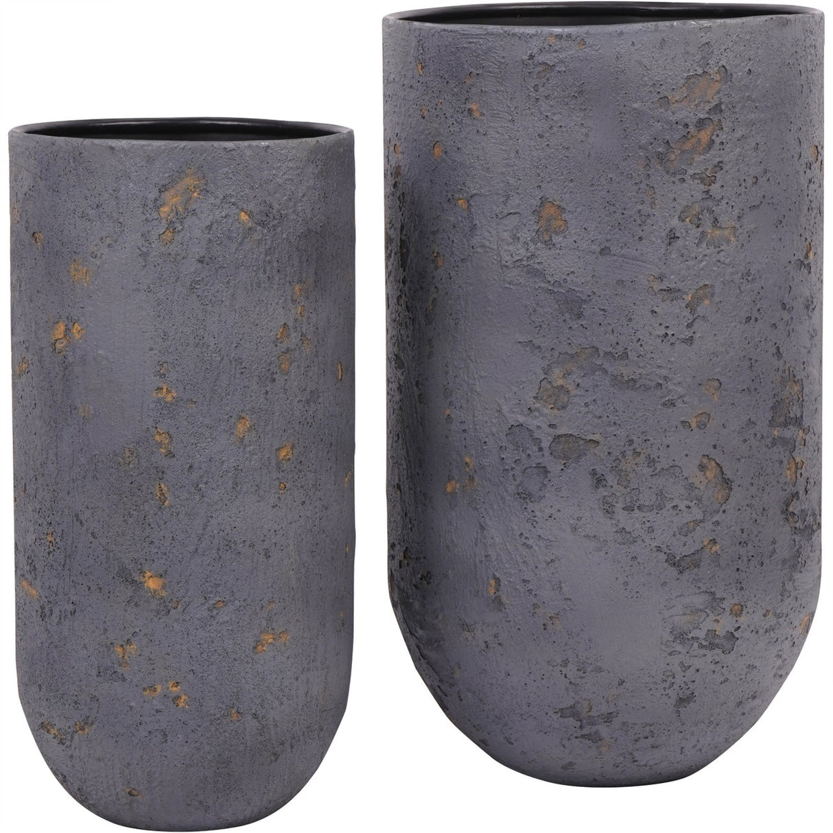 Libra Interiors Textured Iron Cylinder Planters, a pair of tall rounded-base cylinders in mottled blue-grey with rustic gold flecks and matt black interiors.