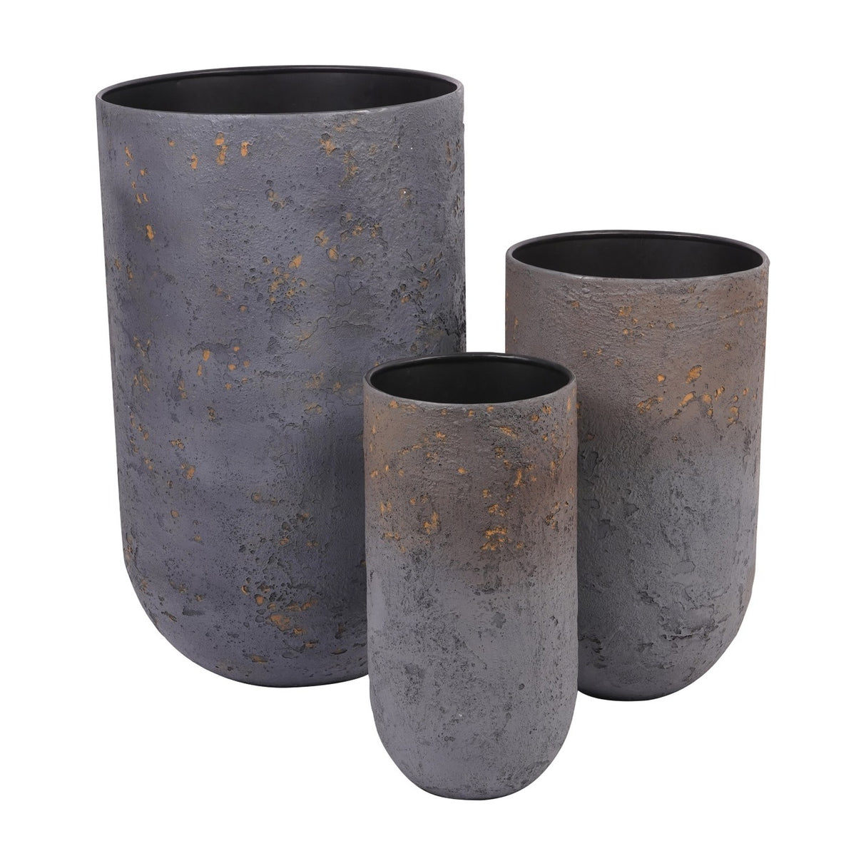 Libra Interiors Textured Iron Rustic Fleck set of three planters in blue with gold and grey flecks, rounded cylindrical bodies in graduated sizes.