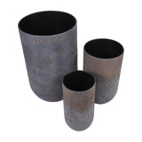 Libra Interiors Textured Iron Rustic Fleck set of three cylindrical planters in blue powder coat with gold and grey flecks, on a white background.