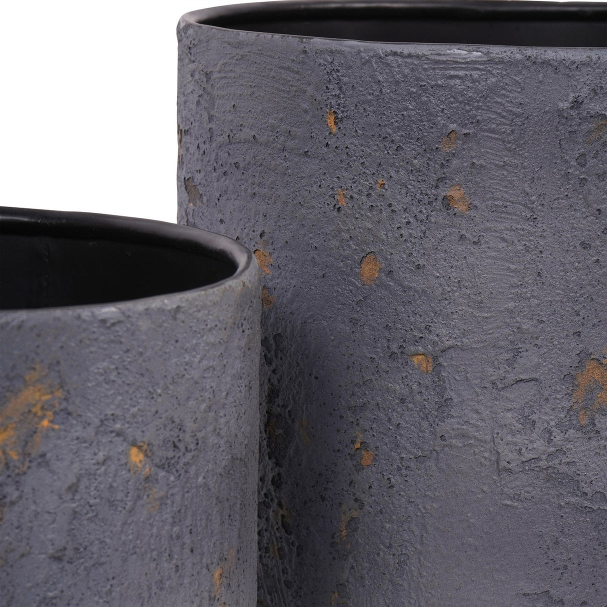 Close-up of two Libra Interiors Textured Iron Rustic Fleck planters showing deep blue powder-coated cylindrical bodies with gold and grey flecks.