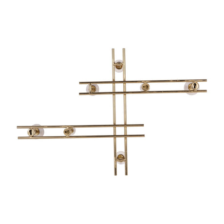 Libra Interiors Iron and Marble Grid Wall Storage Box in matt brass with seven marble disc mounting points on crossed iron bars, on a white background.