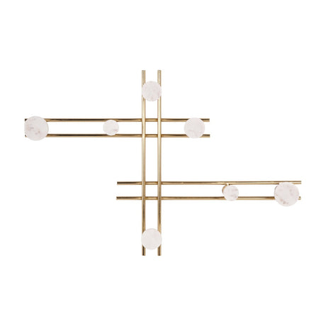Libra Interiors Iron and Marble Grid Wall Storage Box with crossed matt brass iron bars and seven polished white marble discs, on a plain white background.