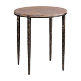 Libra Interiors Round Marble Hammered Iron Side Table with forest brown marble top and four tapered bronze iron legs on a white background.