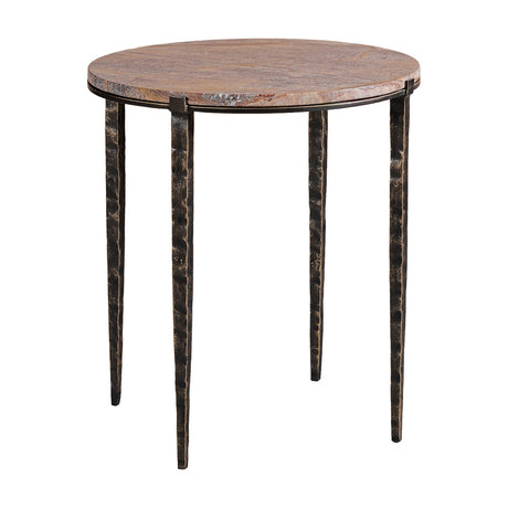 Libra Interiors Round Marble Hammered Iron Side Table with forest brown marble top and four tapered bronze iron legs on a white background.