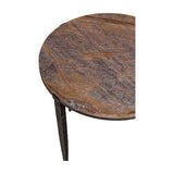 Libra Interiors Round Marble Hammered Iron Side Table with forest brown marble top and bronze hand-forged iron legs, shown close-up on a white background.