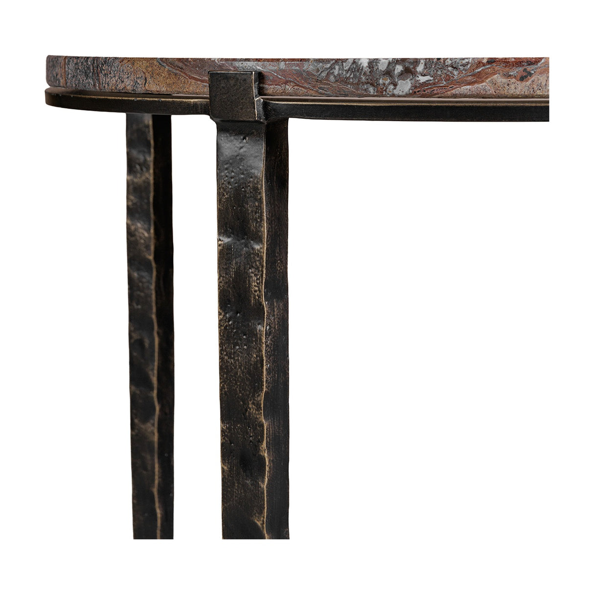 Close-up of Libra Interiors Round Marble Hammered Iron Side Table in bronze, showing the forest brown marble edge and tapered hammered iron legs.