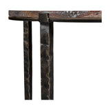Close-up of Libra Interiors Round Marble Hammered Iron Side Table in bronze, showing the forest brown marble edge and tapered hammered iron legs.