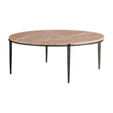 Libra Interiors Marble Round Coffee Table in bronze, with a brown marble top featuring grey veining on four tapered hammered iron legs.