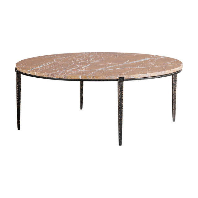 Libra Interiors Marble Round Coffee Table in bronze, with a brown marble top featuring grey veining on four tapered hammered iron legs.