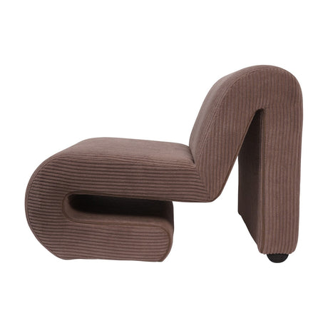 Libra Interiors Curved Corduroy Accent Armchair in mid-brown, shown side-on with sculptural S-shaped ribbed cord frame and looped base on a white background.