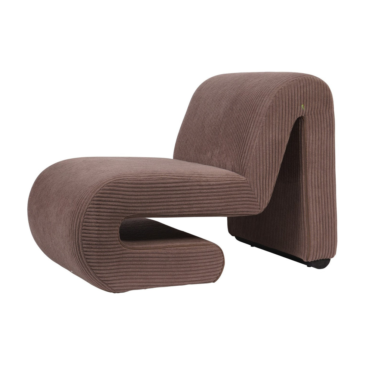 Libra Interiors Curved Corduroy Accent Armchair in brown, showing sculptural S-shaped ribbed cord frame with looped base on a white background.