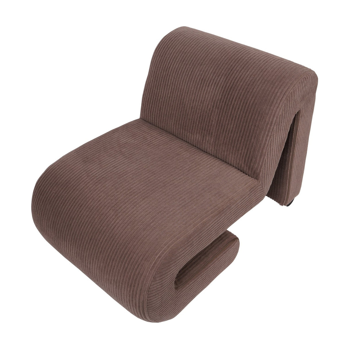 Libra Interiors Curved Corduroy Accent Armchair in mid-brown, shown from above with its sculptural S-shaped ribbed cord frame and looped base.