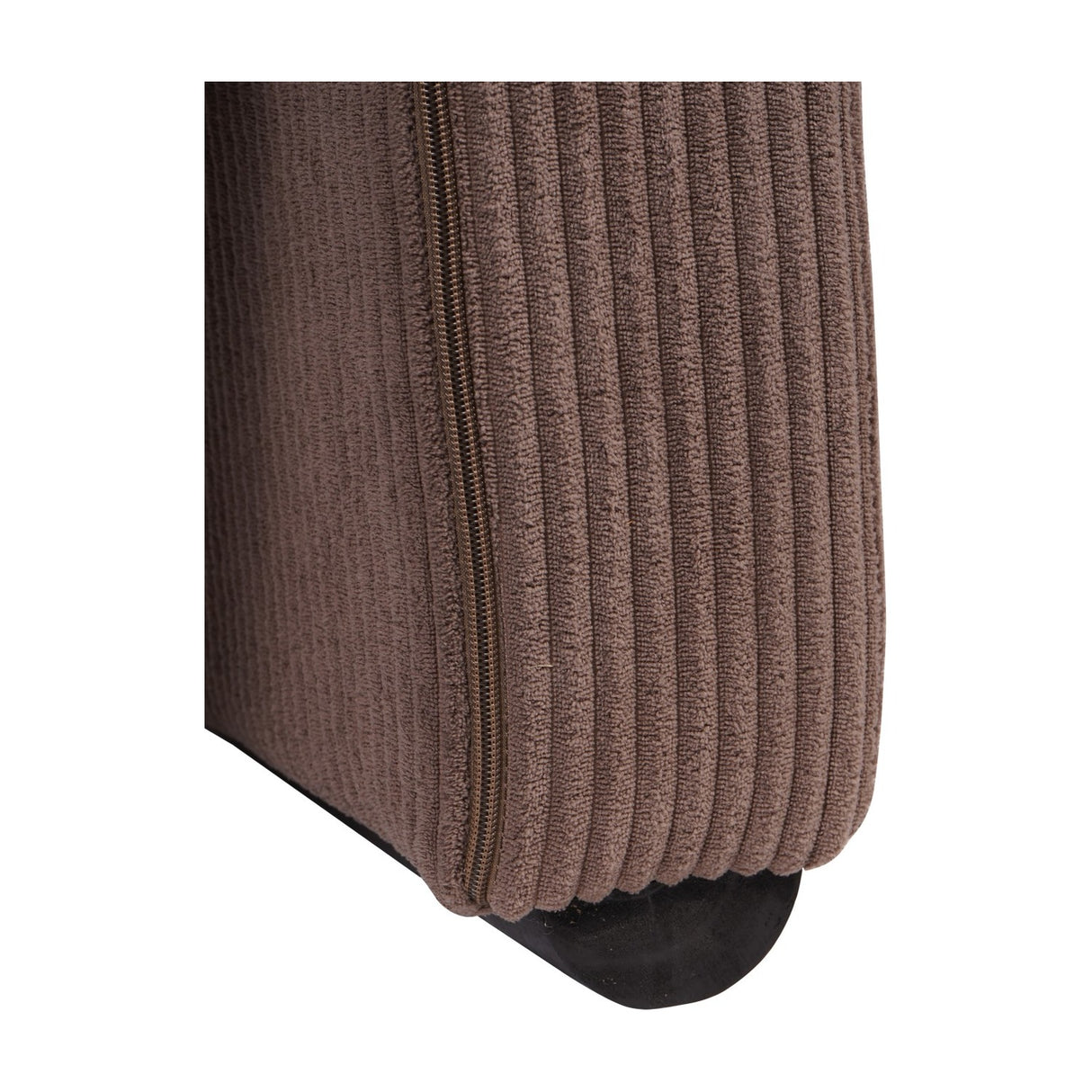 Close-up of Libra Interiors Curved Corduroy Accent Armchair in brown, showing ribbed cord fabric, side zip detail and small rear foot.