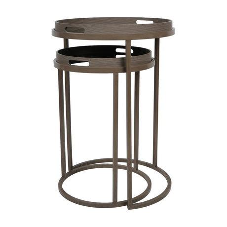 Libra Interiors Removable Tray Top Nesting Side Tables in taupe, two round wood-effect trays with cut-out handles on slender iron frames with curved bases.