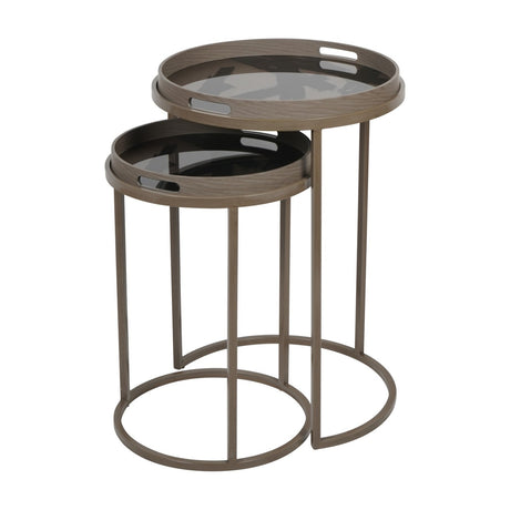 Libra Interiors Removable Tray Top Nesting Side Tables in taupe, two round tables with lift-off black gloss trays on slender iron frames, on white.