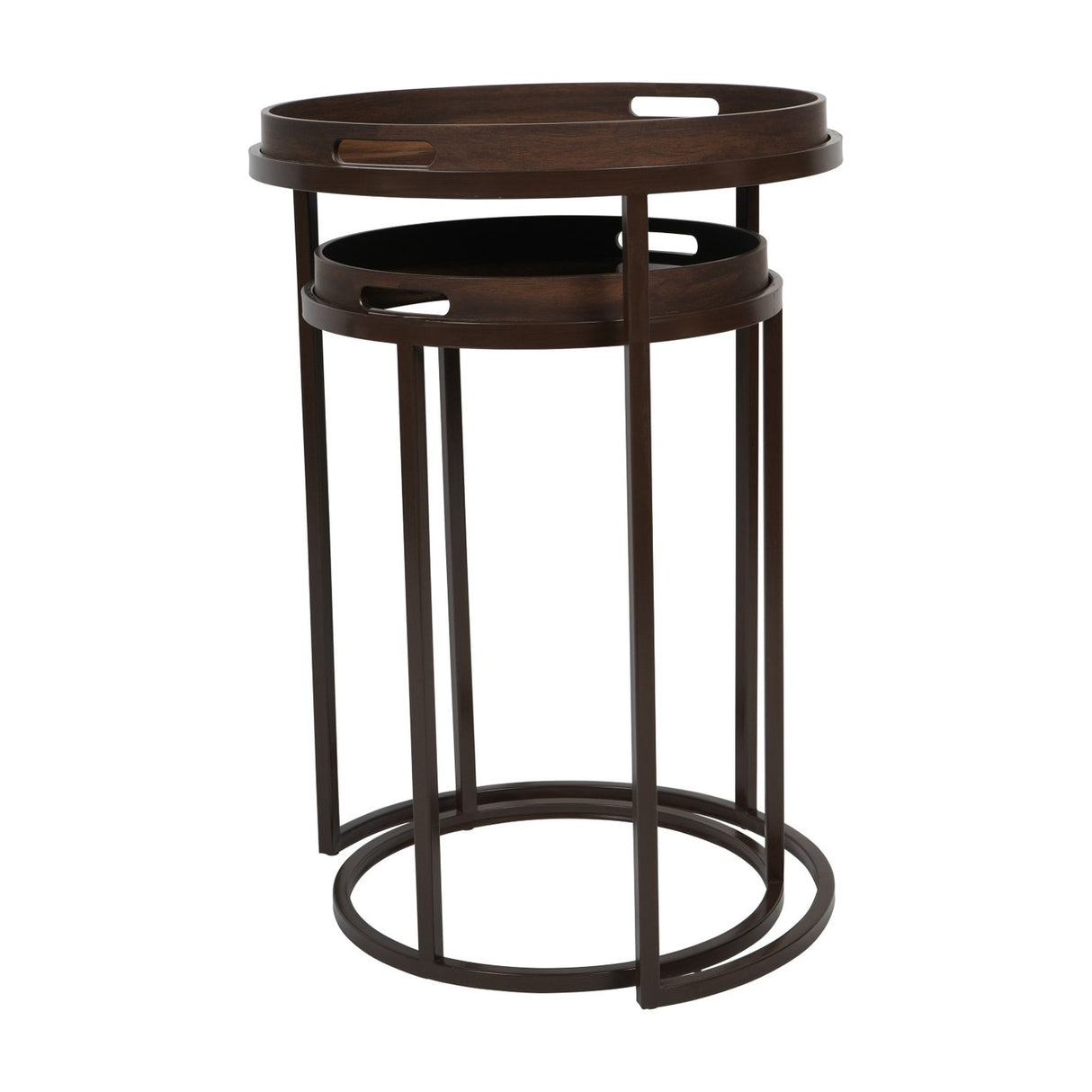 Libra Interiors Removable Tray Top Nesting Side Tables in brown, set of two round wood-effect trays with cut-out handles on slim iron frames.