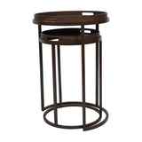 Libra Interiors Removable Tray Top Nesting Side Tables in brown, set of two round wood-effect trays with cut-out handles on slim iron frames.