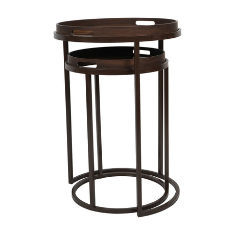 Libra Interiors Removable Tray Top Nesting Side Tables in brown, set of two round wood-effect trays with cut-out handles on slim iron frames.