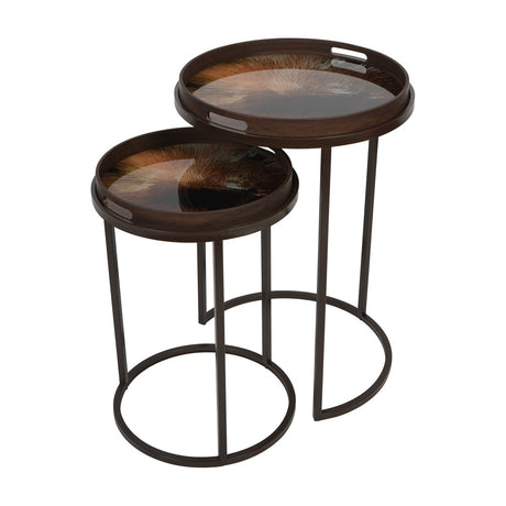 Libra Interiors Removable Tray Top Nesting Side Tables in brown with round wood-effect trays, cut-out handles and slim iron bases on a white background.