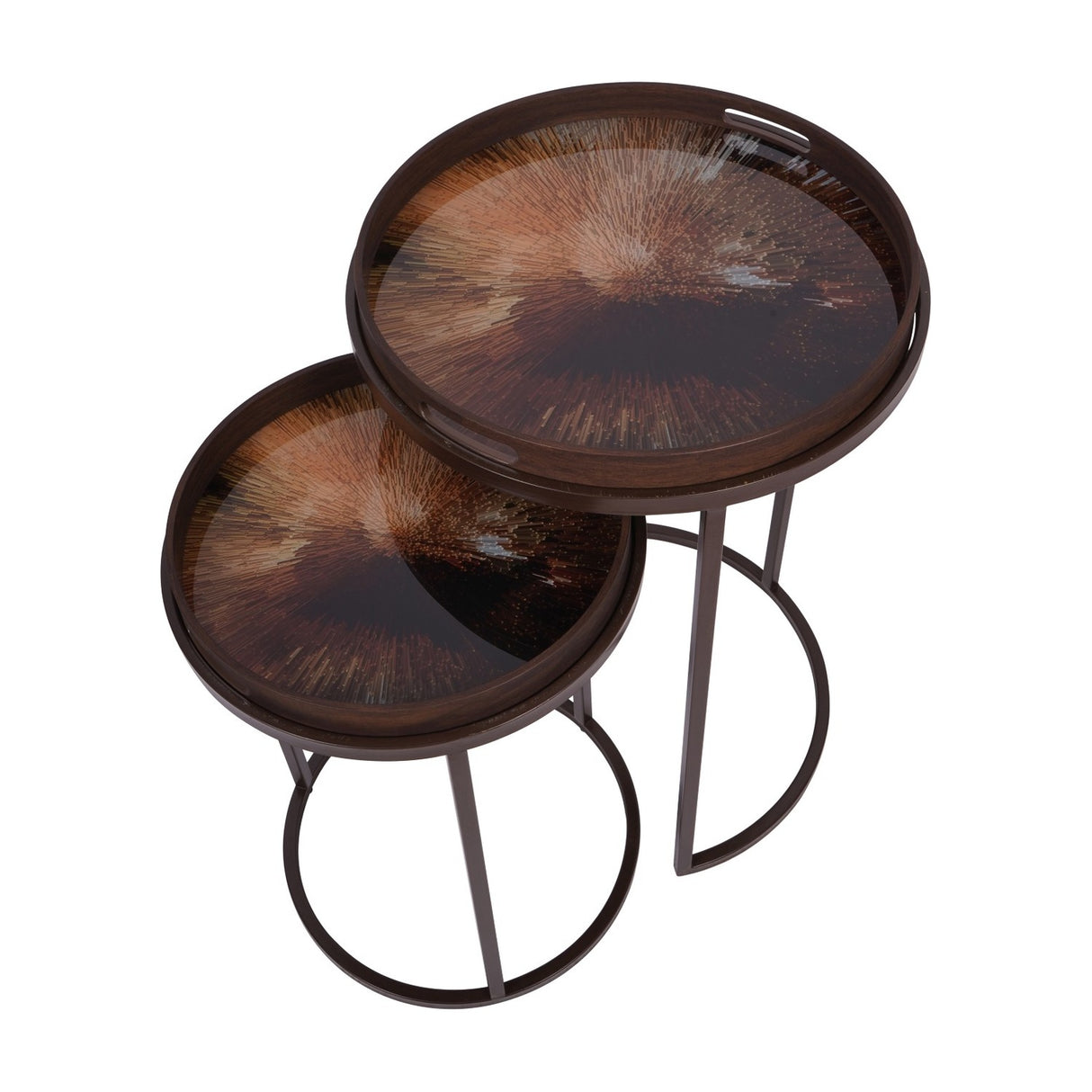 Libra Interiors Removable Tray Top Nesting Side Tables in brown with round wood-grain effect tray tops, cut-out handles and slim iron bases.