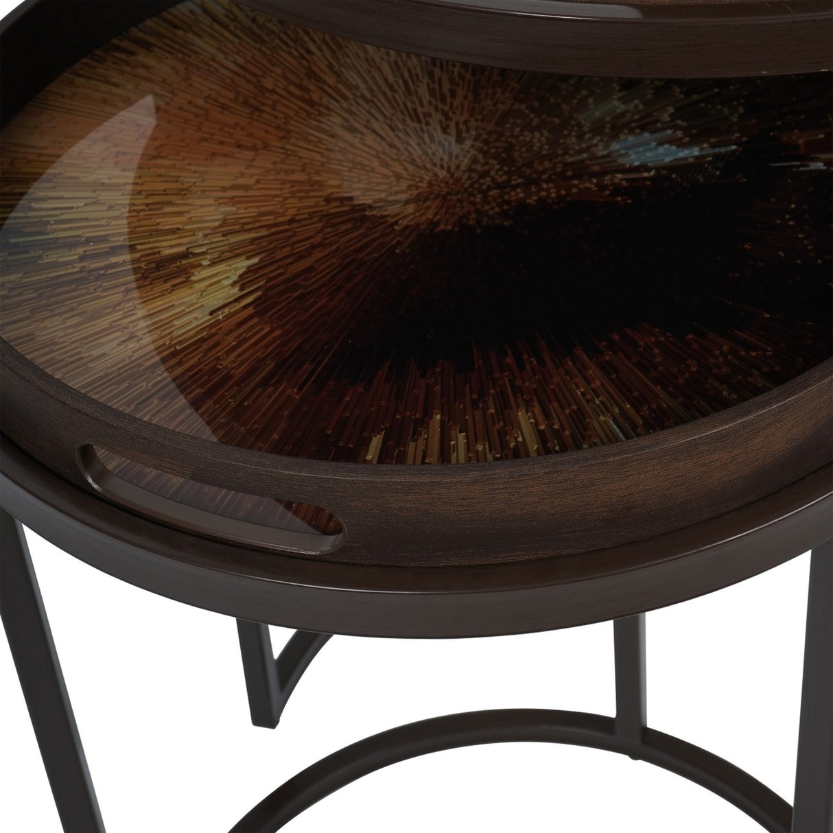 Close-up of the Libra Interiors Removable Tray Top Nesting Side Table in brown, showing the round wood-grain tray with carry handle and iron frame.