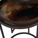 Close-up of the Libra Interiors Removable Tray Top Nesting Side Table in brown, showing the round wood-grain tray with carry handle and iron frame.