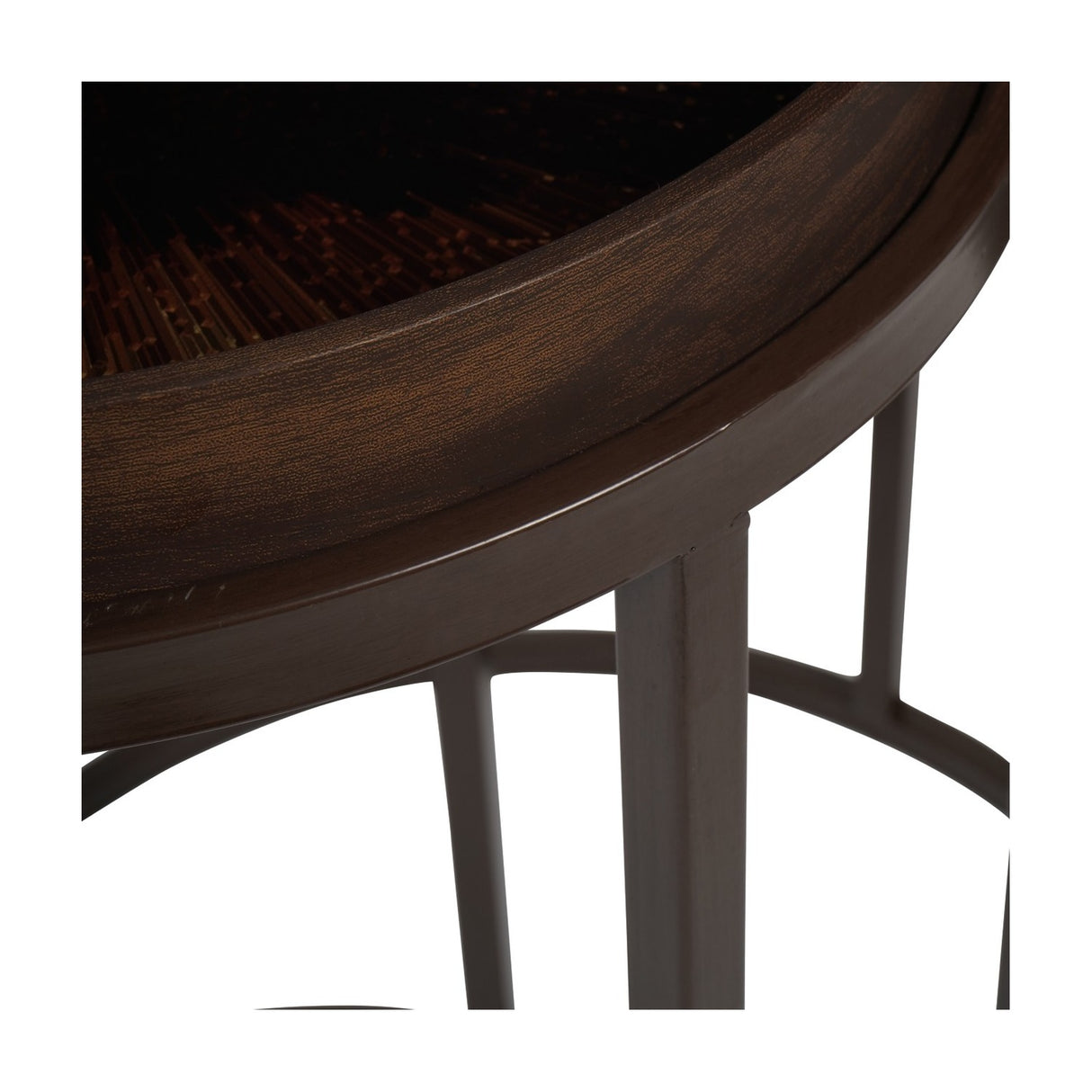 Close-up of Libra Interiors Removable Tray Top Nesting Side Table in brown, showing the wood grain effect round tray rim and slim iron leg frame.