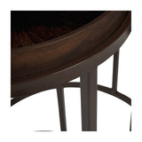 Close-up of Libra Interiors Removable Tray Top Nesting Side Table in brown, showing the wood grain effect round tray rim and slim iron leg frame.