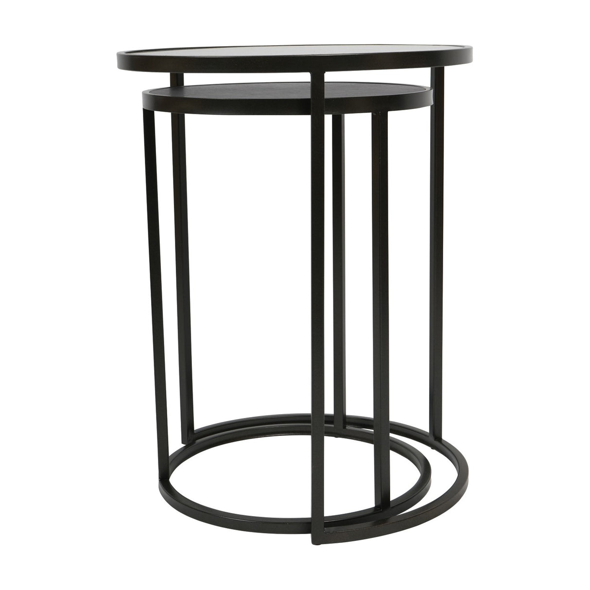 Libra Interiors Slate Effect Iron Nesting Side Table set in black with round tinted glass and slate-effect tops on slim iron frames, on a white background.