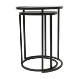 Libra Interiors Slate Effect Iron Nesting Side Table set in black with round tinted glass and slate-effect tops on slim iron frames, on a white background.