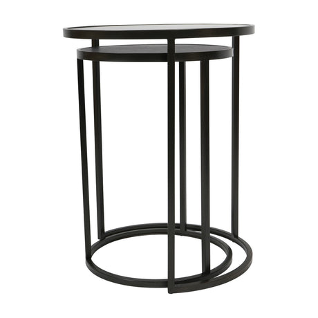 Libra Interiors Slate Effect Iron Nesting Side Table set in black with round tinted glass and slate-effect tops on slim iron frames, on a white background.