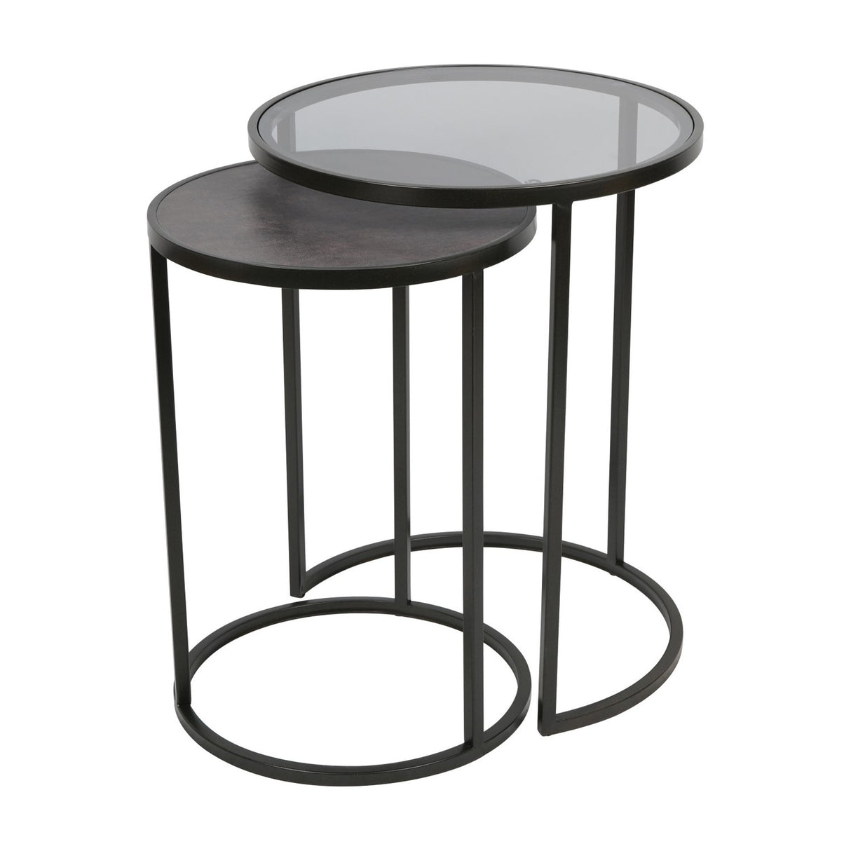 Libra Interiors Slate Effect Iron Nesting Side Tables in black, pairing a tinted glass round top with a smaller slate-effect top on slim iron frames.